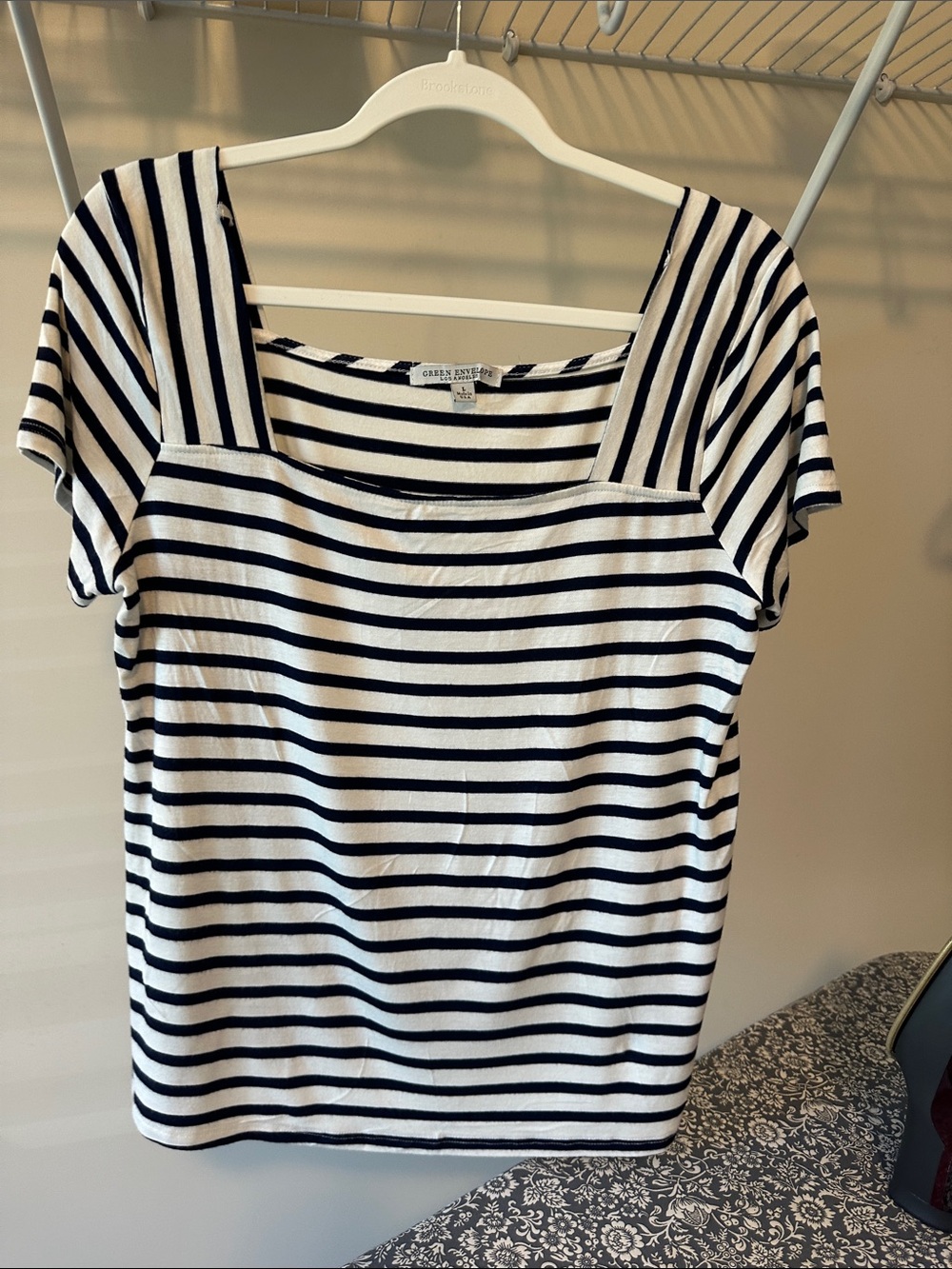 Green Envelope Black and White Striped Square Neck Tee